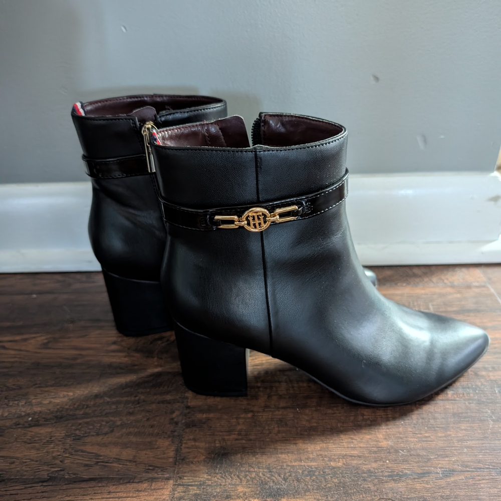 Tommy Hilfiger Black Heeled Boots with Gold Accent